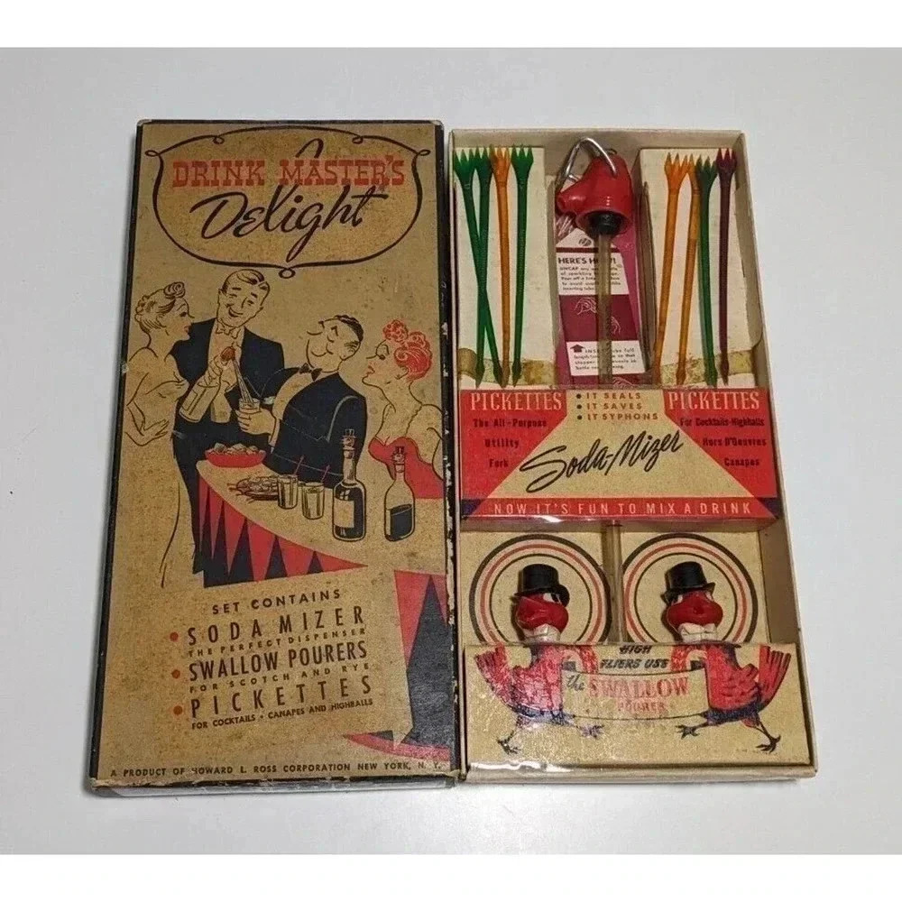 Vintage 1940s Drink Masters Delight Barware Set Swallow Pourer Soda Mizer Retro